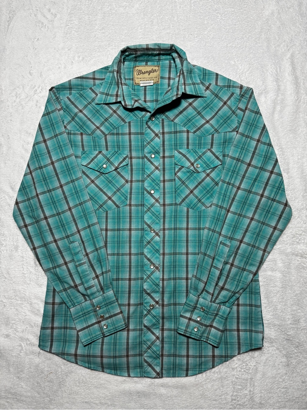 Wrangler Western Pearl Snap Shirt Mens M Turquoise Plaid Sawtooth Cowboy